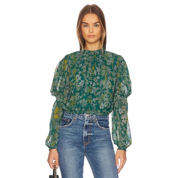 NWT Free People Clarissa Printe Green Floral Blouse (S) - Picture 1 of 13